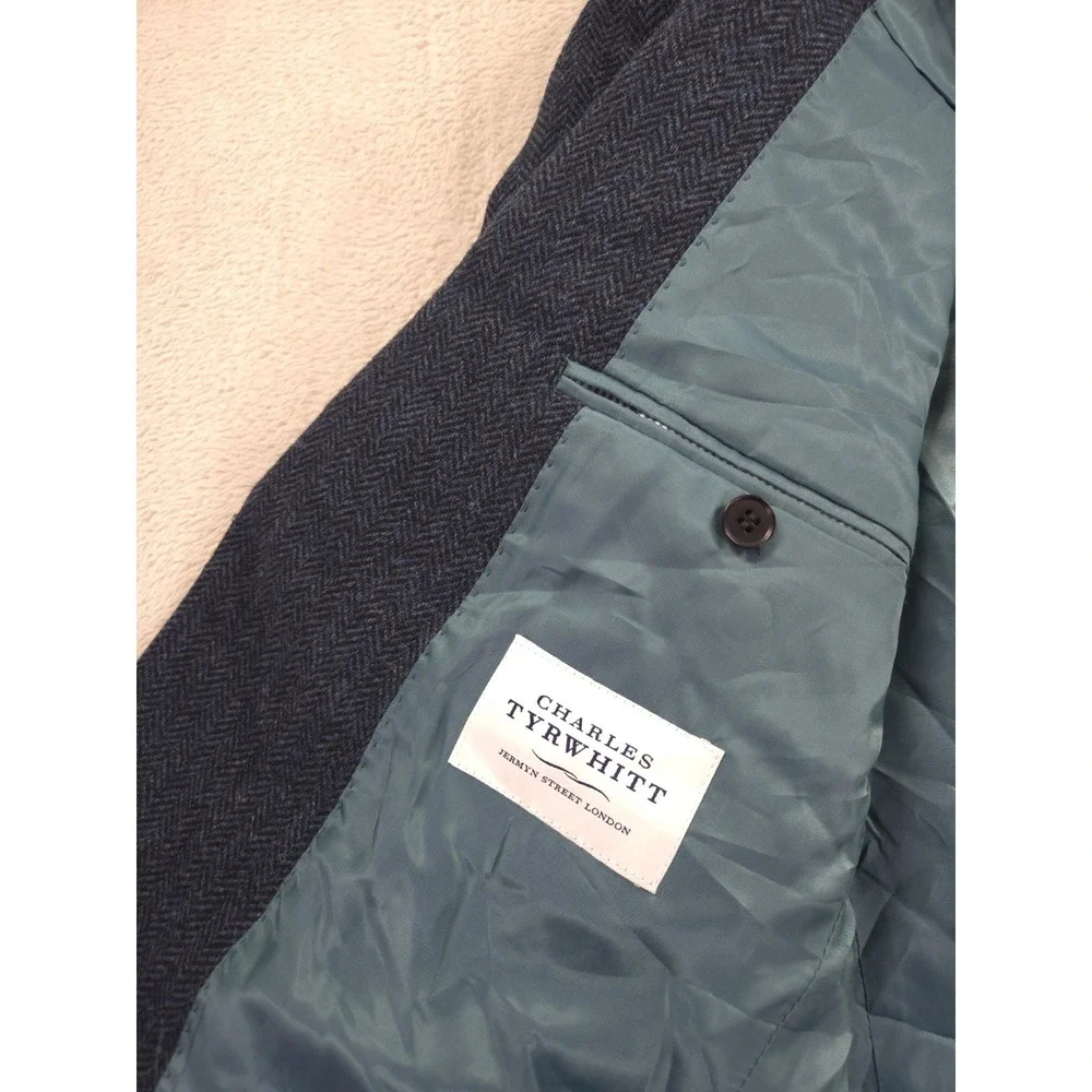 Charles Tyrwhitt Blazer Mens 42L‎ Long Wool Herringbone Slim Fit Blue